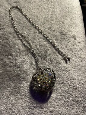 Silver Heart Pendant Necklace with Iridescent Crystal Heart